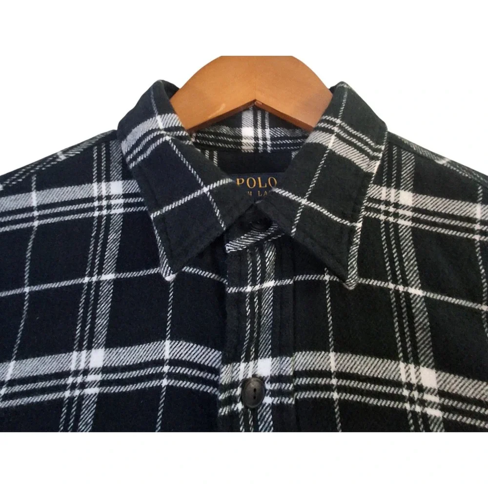 Polo Ralph Lauren Shirt Mens Medium Black Plaid Flannel Button Front Long Sleeve